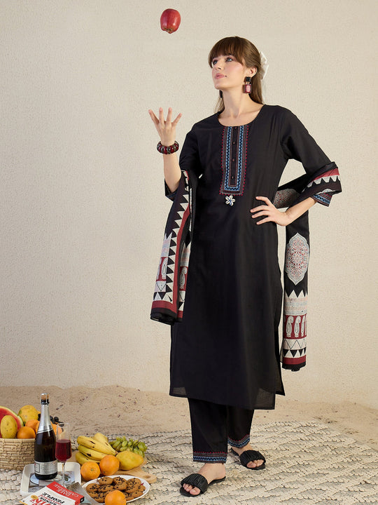 Black Solid Pure Cotton Straight Suit Sets With Dupatta