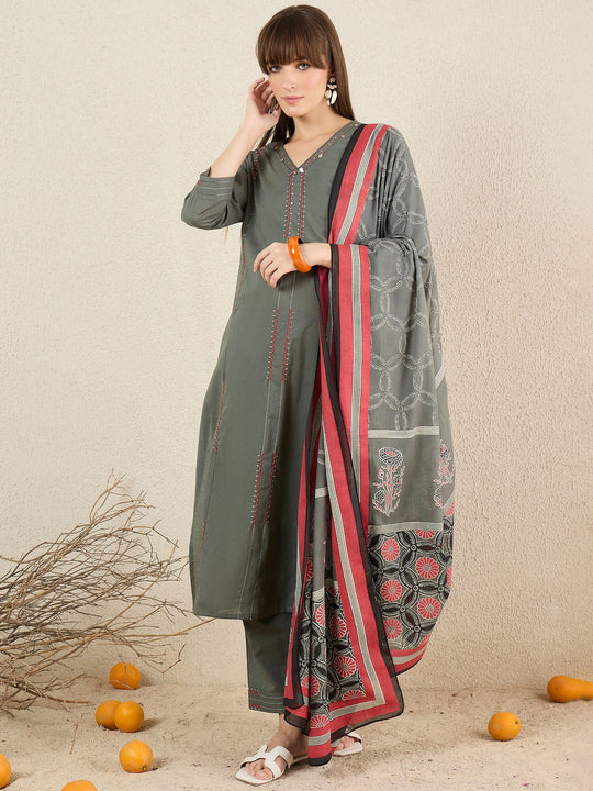 Grey Solid Pure Cotton Straight Kurta Sets With Dupatta