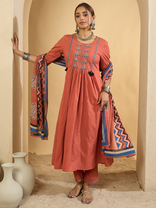 Rust Embroidered A-Line Pure Cotton Suit With Dupatta