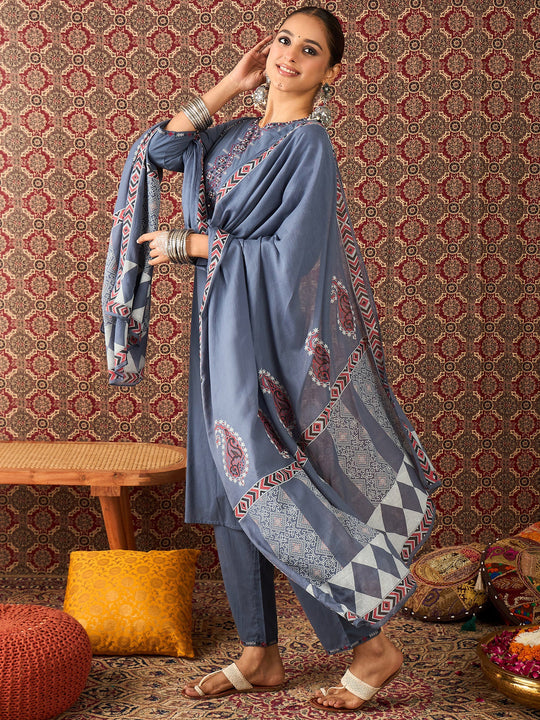 Blue Solid Pure Cotton Straight Kurta Sets With Dupatta