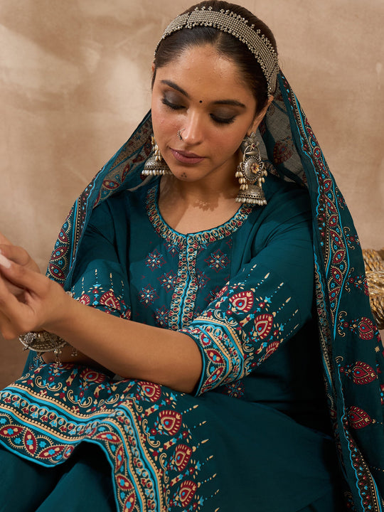 Women Teal Printed Pure Cotton Straight Kurta Sets With Dupatta