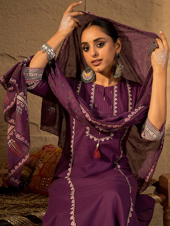 Purple Solid Pure Cotton Straight Kurta Sets With Dupatta