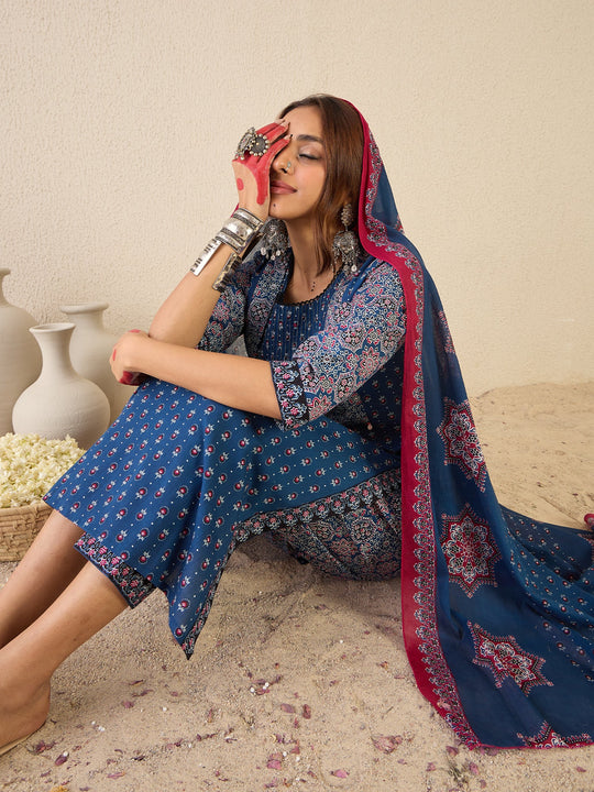 Blue Printed Straight Pure Cotton Suit Set With Dupatta
