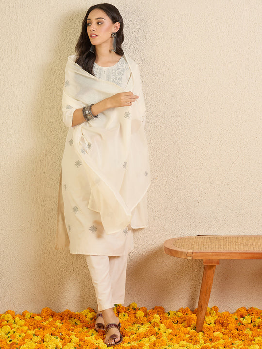 Off White Embroidered Pure Cotton Straight Kurta Sets With Dupatta