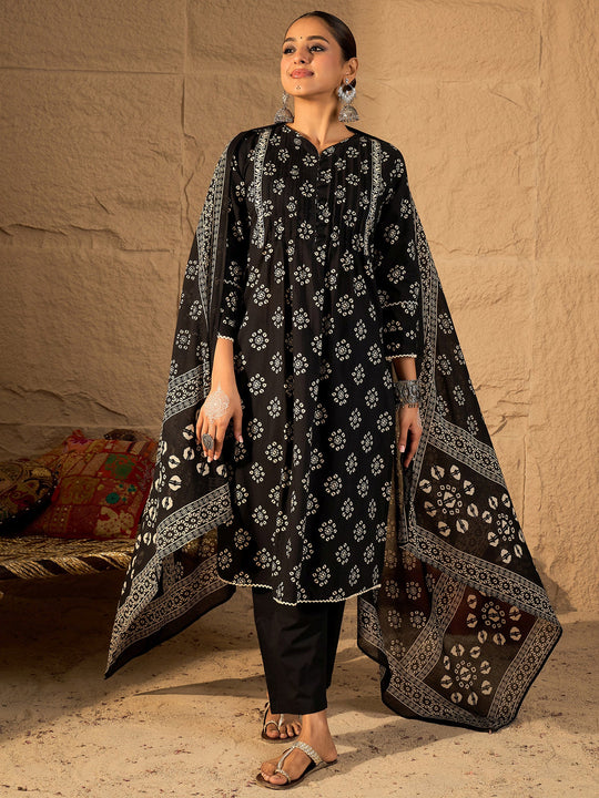 Black Printed Pure Cotton Straight Kurta Sets With Dupatta