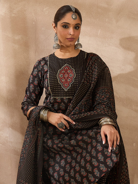 Women Black Printed Pure Cotton Straight Kurta Sets With Dupatta