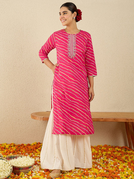 Pink Leheriya Printed Cotton Kurtas
