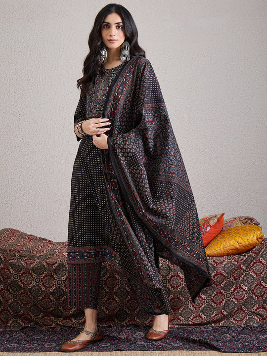 Black Printed Pure Cotton Straight Suit Sets With Dupatta