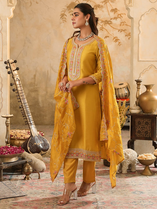 Yellow Embroidered Silk Blend Straight Kurta Sets With Dupatta