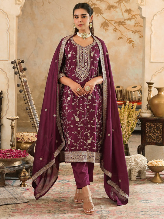 Burgundy Embroidered Silk Blend Straight Kurta Sets With Dupatta