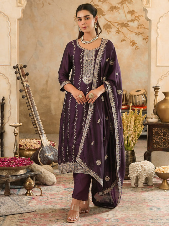 Purple Embroidered Silk Blend Straight Kurta Sets With Dupatta