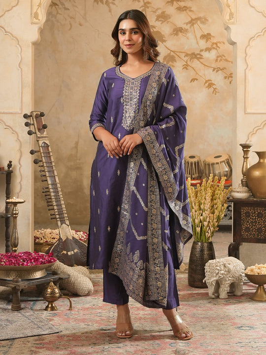 Purple Embroidered Silk Blend Straight Kurta Sets With Dupatta