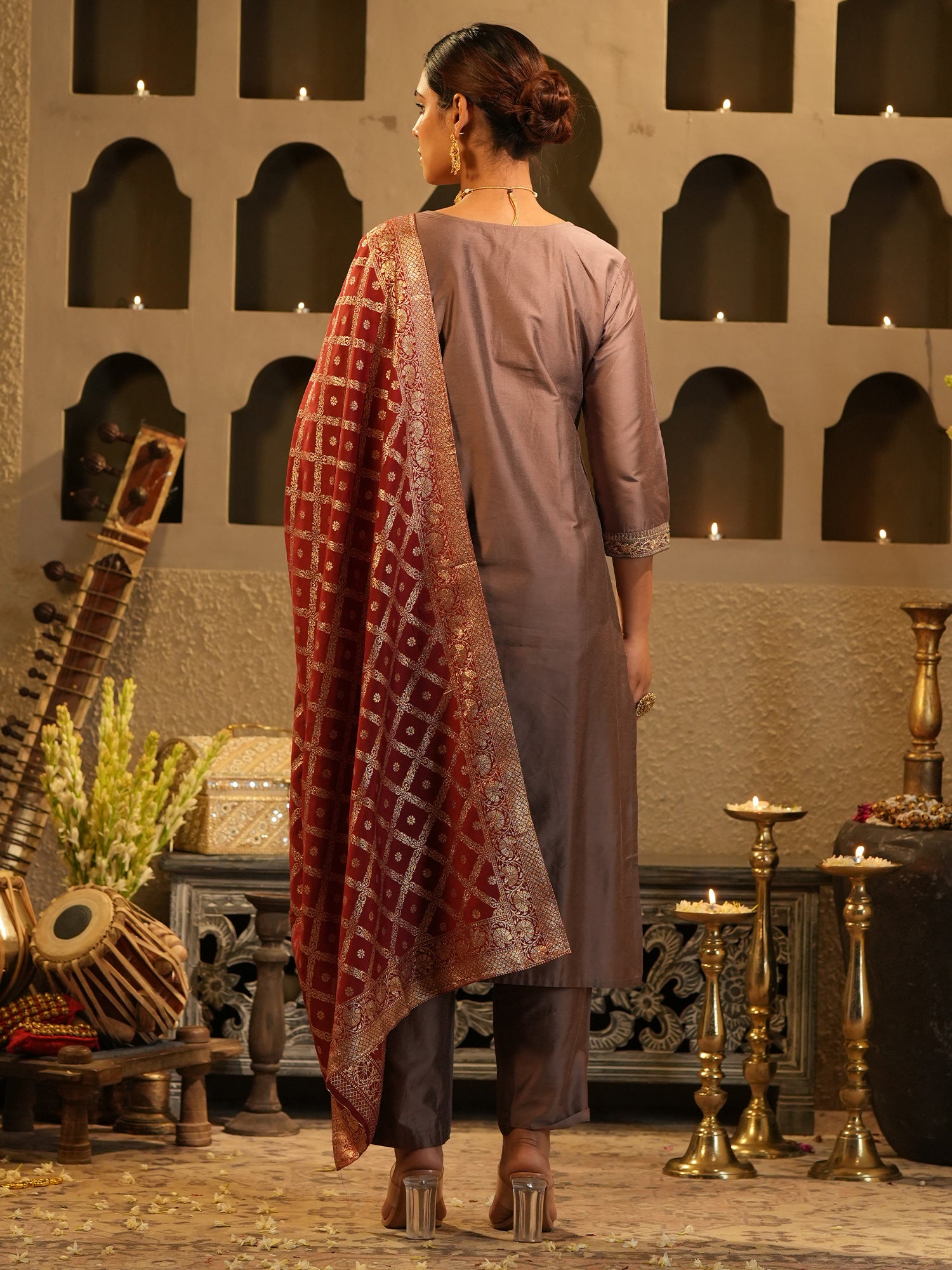 Brown Embroidered Silk Blend Straight Kurta Sets With Dupatta