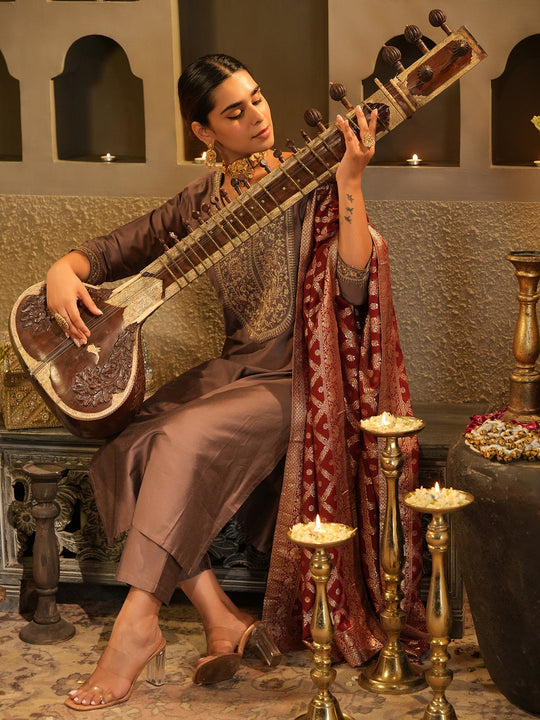 Brown Embroidered Silk Blend Straight Kurta Sets With Dupatta