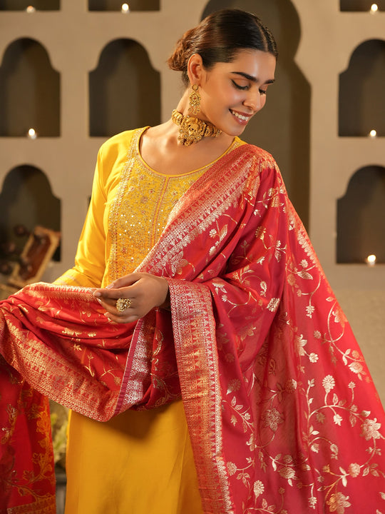 Yellow Embroidered Silk Blend Straight Kurta Sets With Dupatta