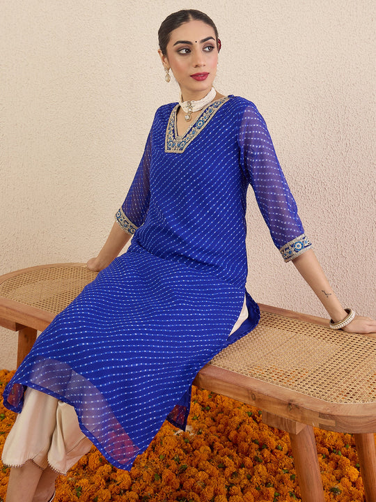 Blue Printed Straight Chiffon Kurta