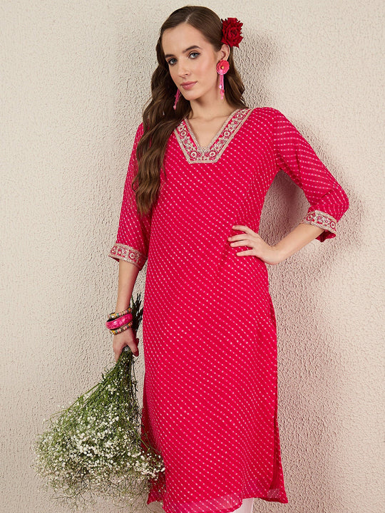 Pink Leheriya Printed Straight Chiffon Kurta