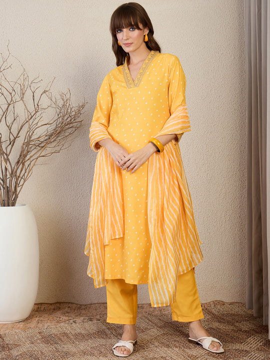 Yellow Printed Cotton Blend Straight Suit Sets With Dupatta