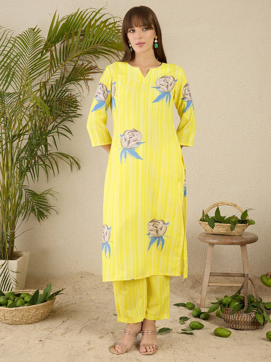 Yellow Printed Straight Kurta Trouser set