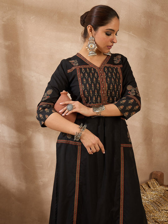 Women Black Embroidered Pure Cotton A-Line Kurta Sets