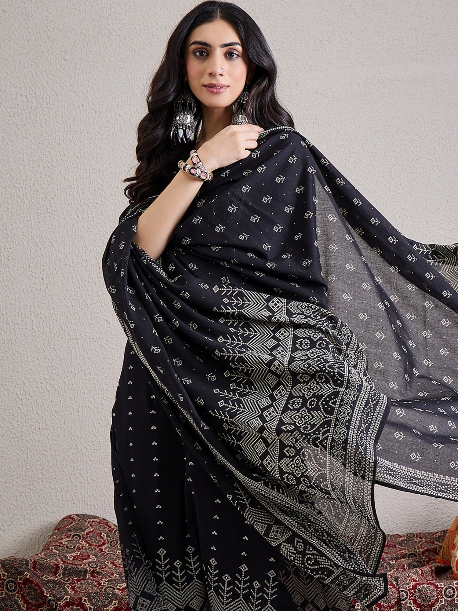 Black Printed Pure Cotton Straight V-Neck Kurta Sets With Dupatta