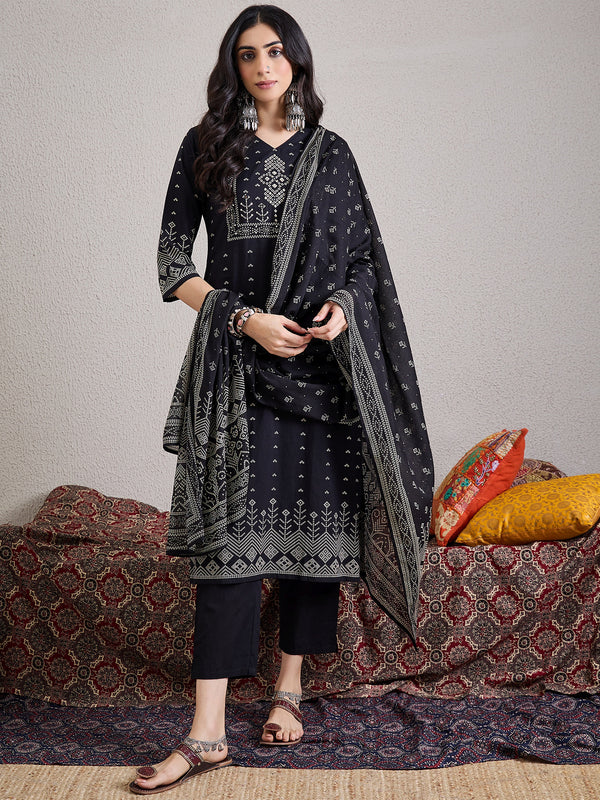 Black Printed Pure Cotton Straight V-Neck Kurta Sets With Dupatta