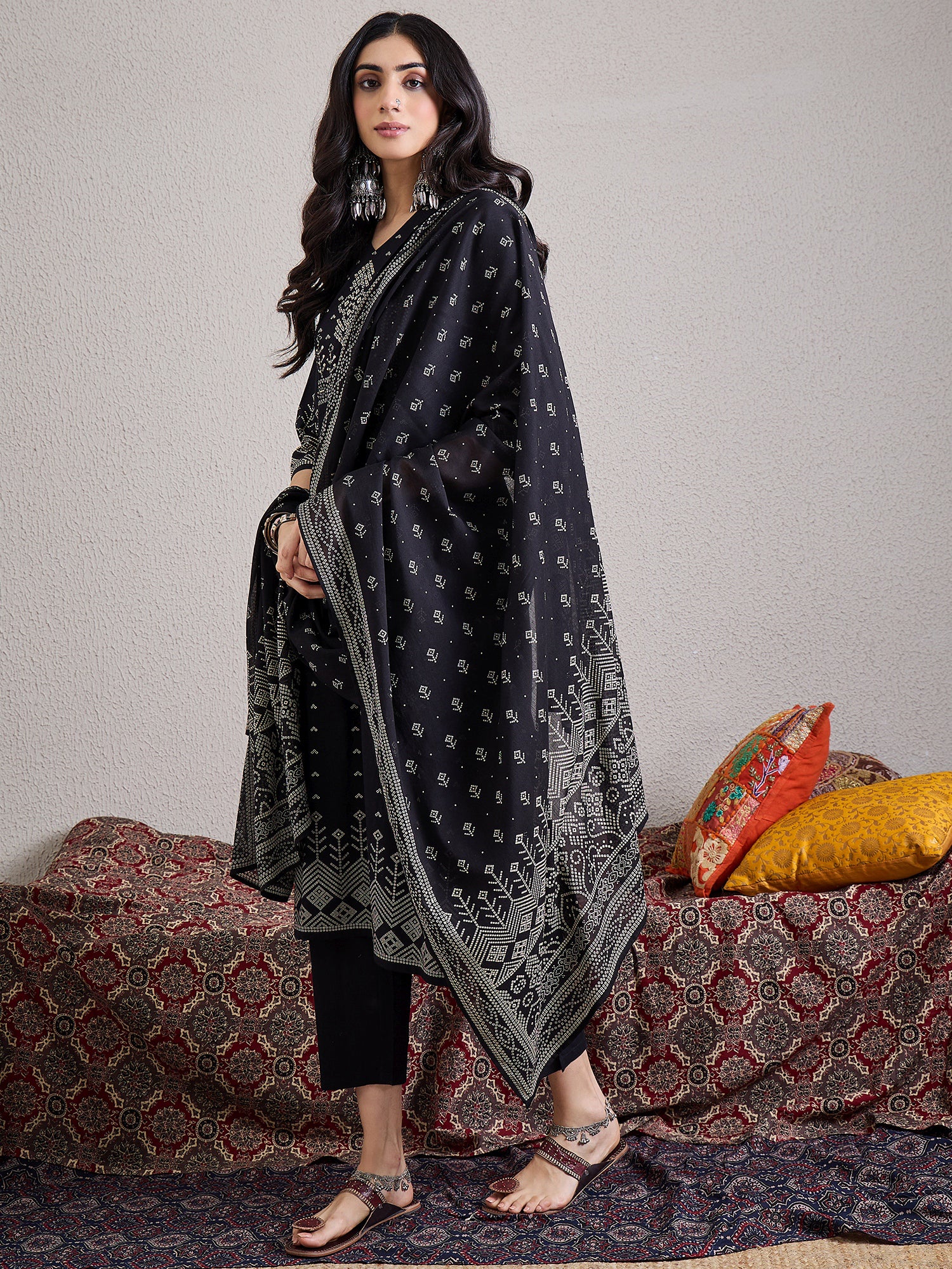 Black Printed Pure Cotton Straight V-Neck Kurta Sets With Dupatta