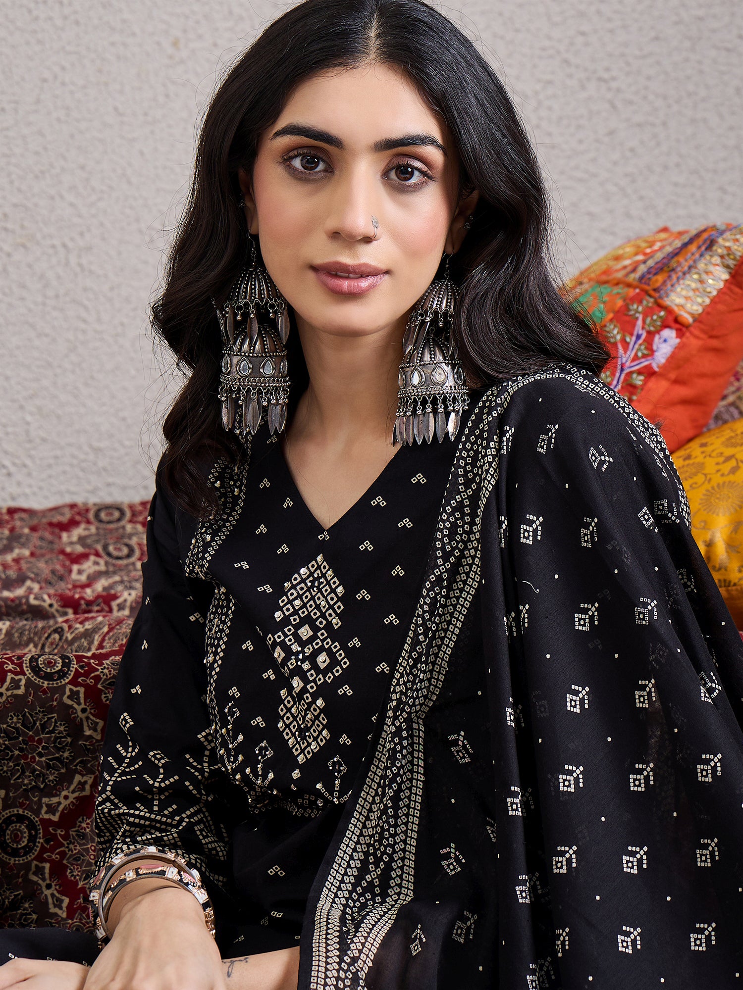 Black Printed Pure Cotton Straight V-Neck Kurta Sets With Dupatta