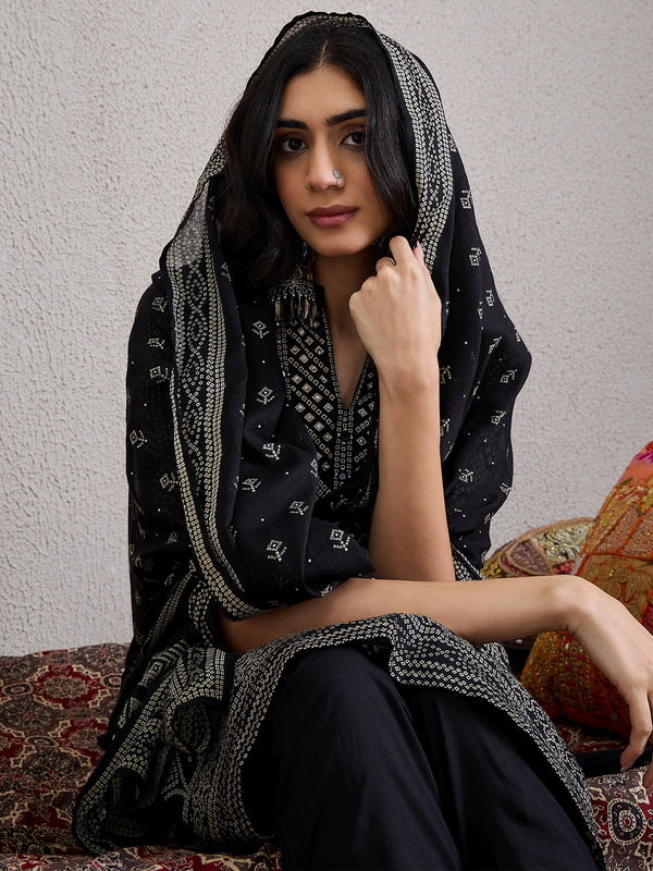 Black Printed Pure Cotton Straight V-Neck Kurta Sets With Dupatta