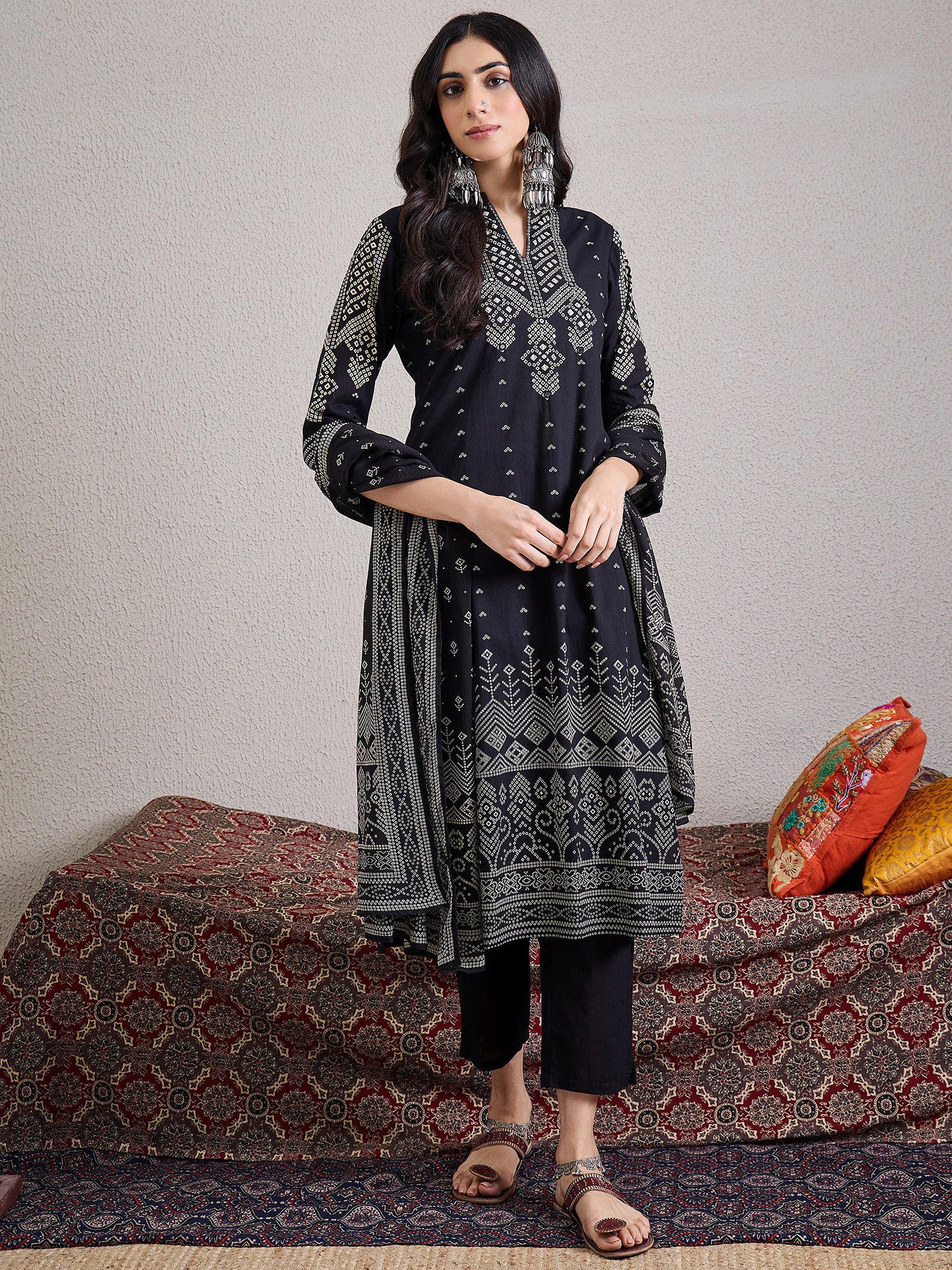 Black Printed Pure Cotton Straight V-Neck Kurta Sets With Dupatta
