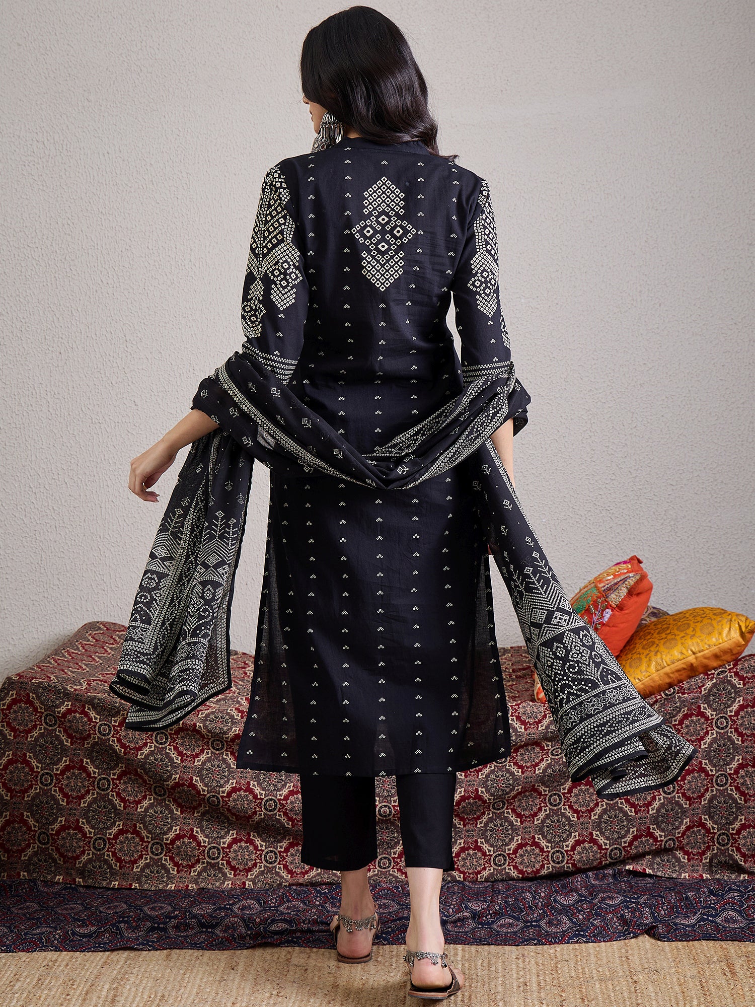 Black Printed Pure Cotton Straight V-Neck Kurta Sets With Dupatta