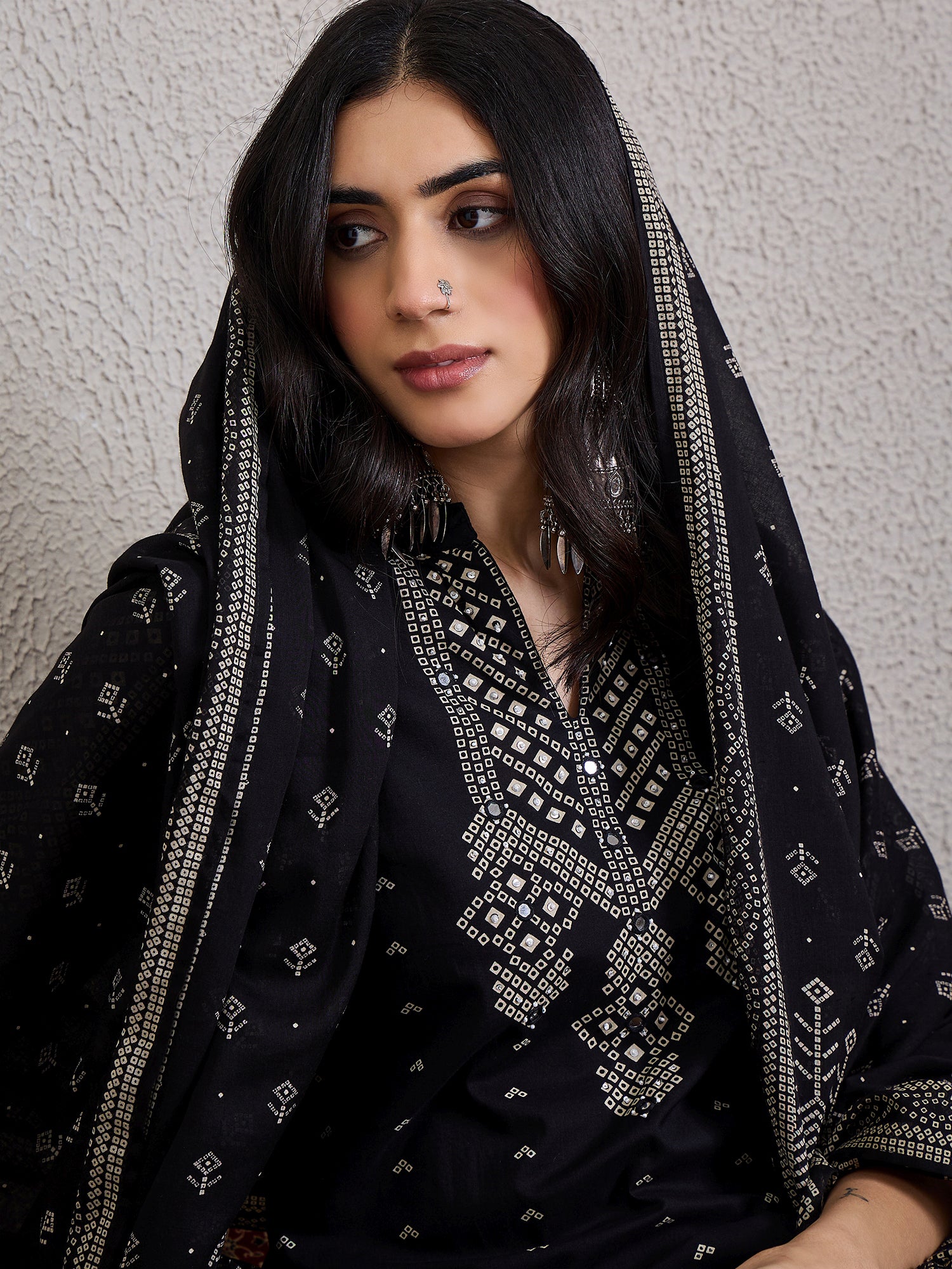 Black Printed Pure Cotton Straight V-Neck Kurta Sets With Dupatta