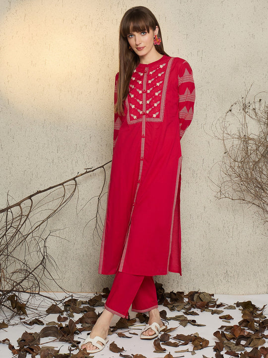 Pink Printed Pure Cotton A-Line Kurta Trouser Set