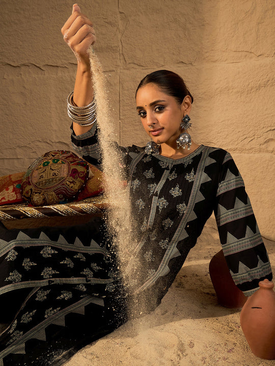 Black Printed Pure Cotton Straight Kurta Trouser Set
