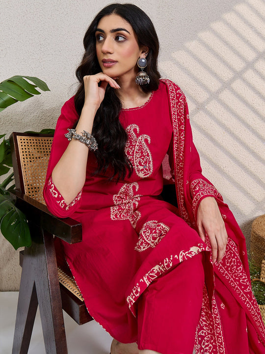 Pink Printed Pure Cotton Straight Suit Sets With Dupatta