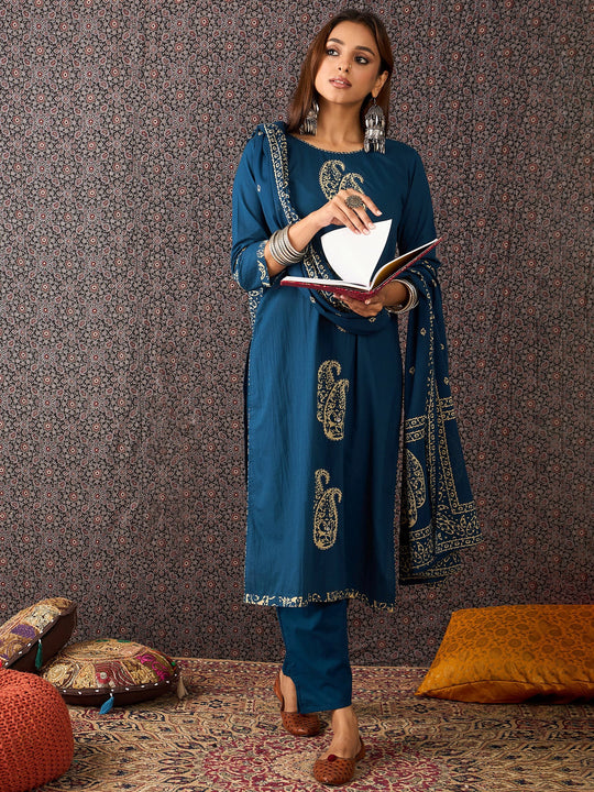 Teal Printed Pure Cotton Straight Kurta Sets With Dupatta