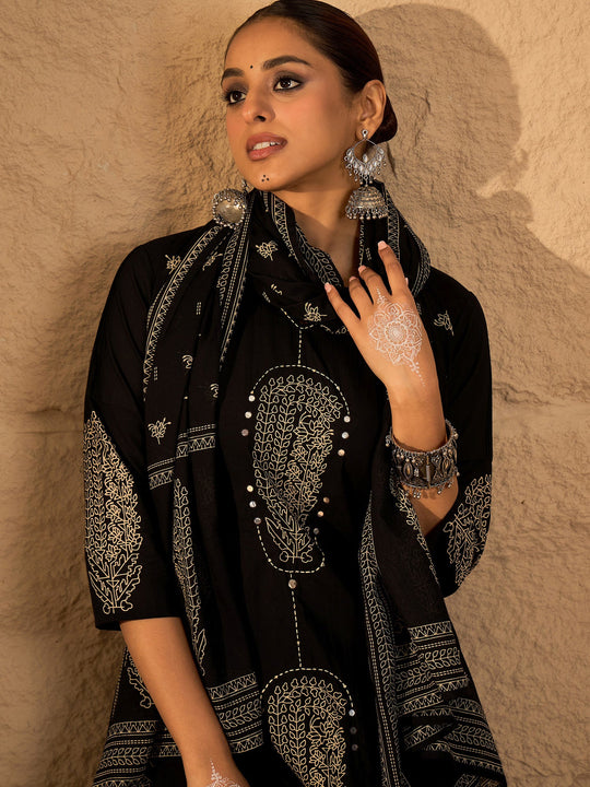 Black Printed Pure Cotton Straight Kurta Sets With Dupatta