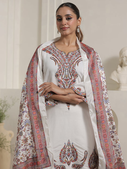 Off White Embroidered Silk Blend Straight Kurta Palazzos With Dupatta
