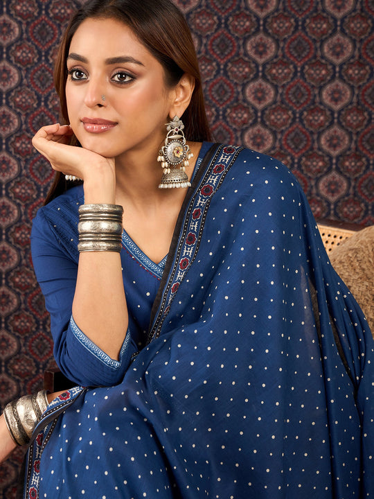 Blue Printed Pure Cotton Straight Kurta Sets With Dupatta