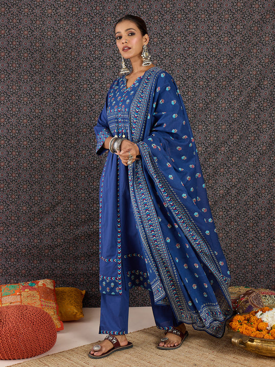 Indo Era Blue Printed A-Line Kurta Trousers With Dupatta set