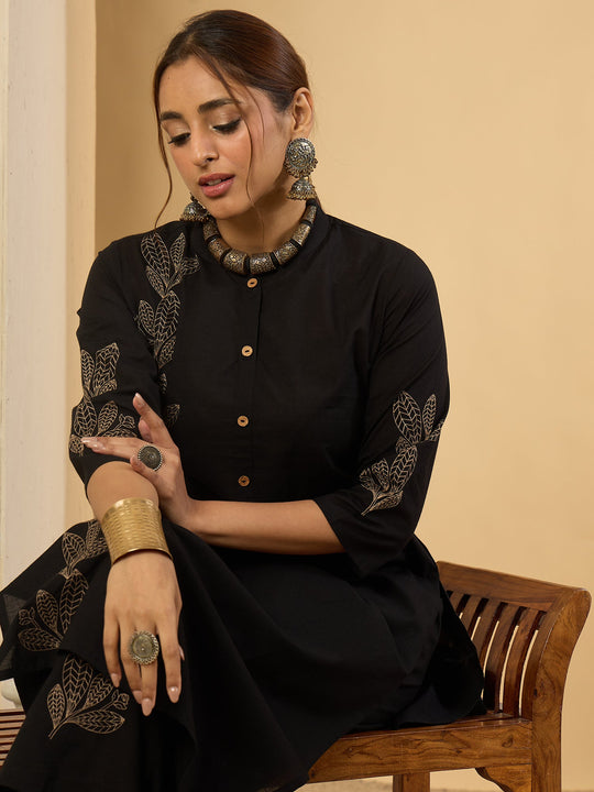 Black Embroidered Pure Cotton Straight Kurta With Trouser Set