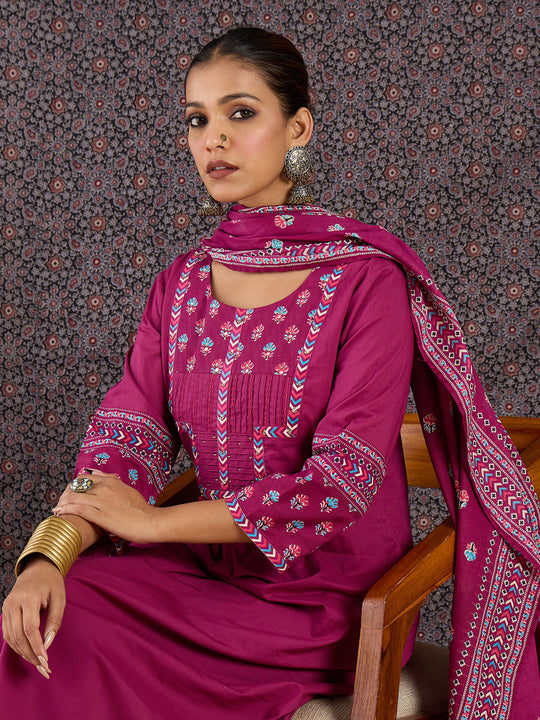 Indo Era Burgundy Printed A-Line Kurta Trousers With Dupatta set