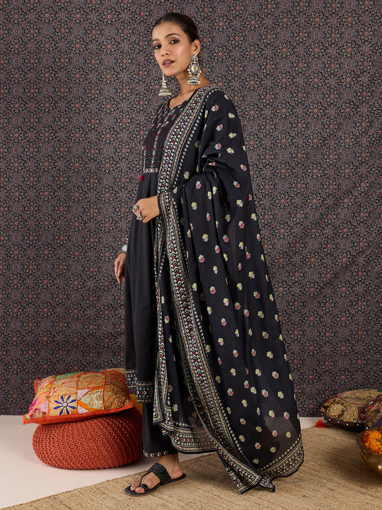 Indo Era Black Printed A-Line Kurta Trousers With Dupatta set