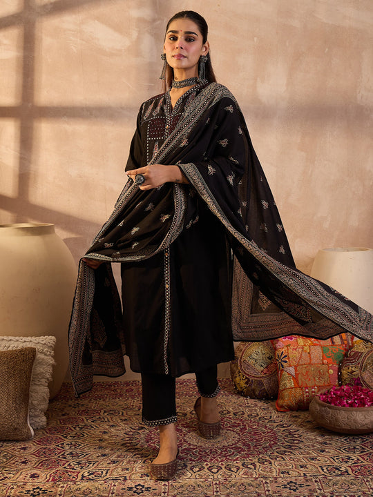 Black Embroidered Pure Cotton Straight Suit Sets With Dupatta