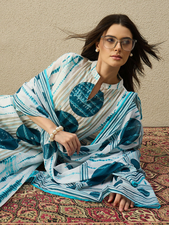 White Printed Pure Cotton Straight Suit Sets With Dupatta