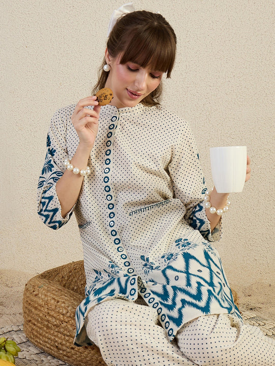 Off White Printed Cotton Blend A-Line Kurta Trouser Set
