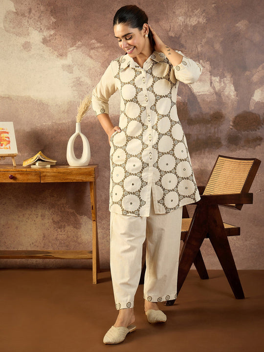 Off White Printed A-Line Cotton Blend Kurta Sets