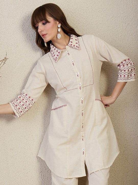 Off White Printed Cotton Blend A-Line Kurta Trouser Set