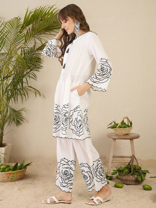 White Printed A Line Kurta Set
