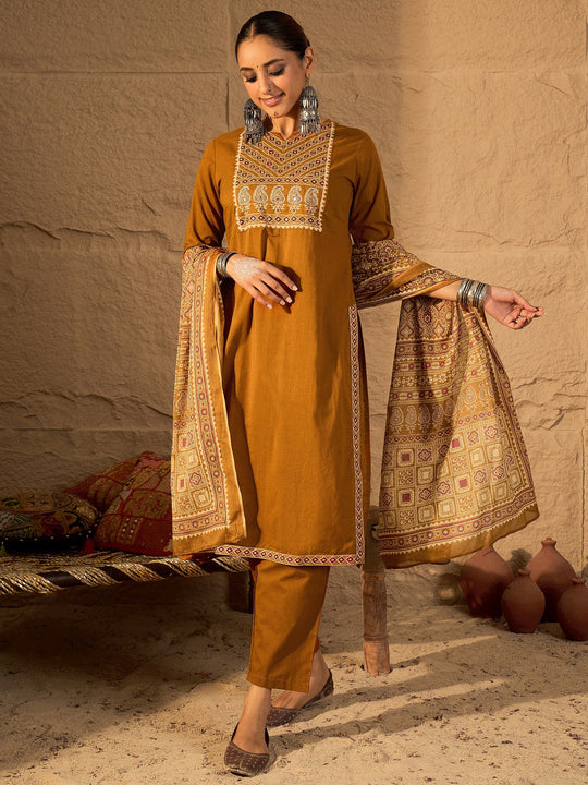 Mustard Printed Pure Cotton Straight Kurta Sets With Dupatta